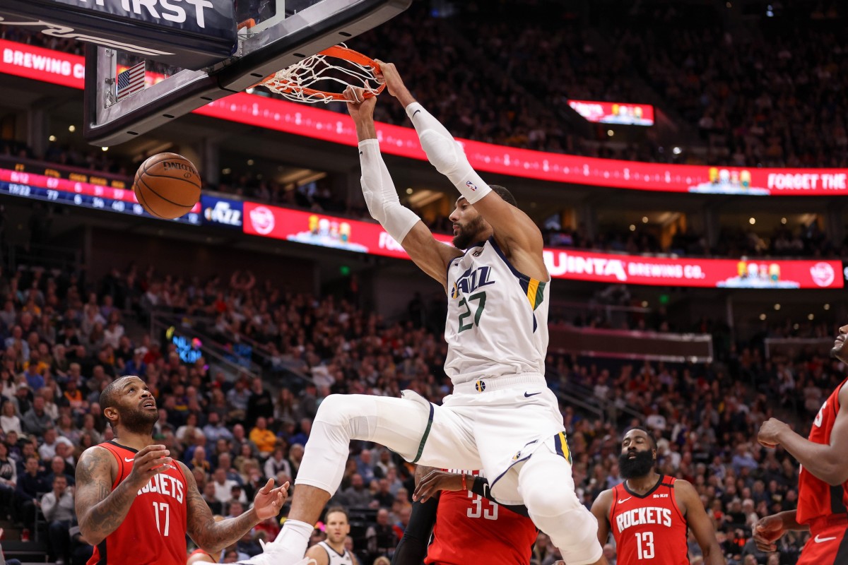 Rudy Gobert (27) with a dunk against the Houston Rockets
